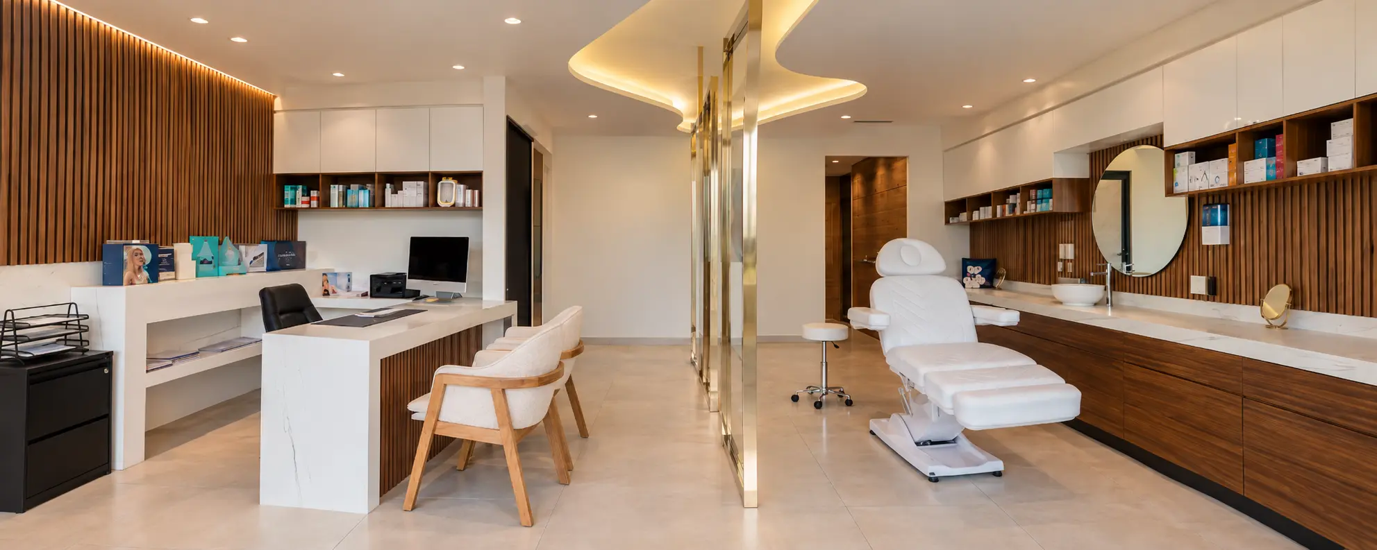 Modern, bright clinic treatment room with a reclining chair and wood panelling