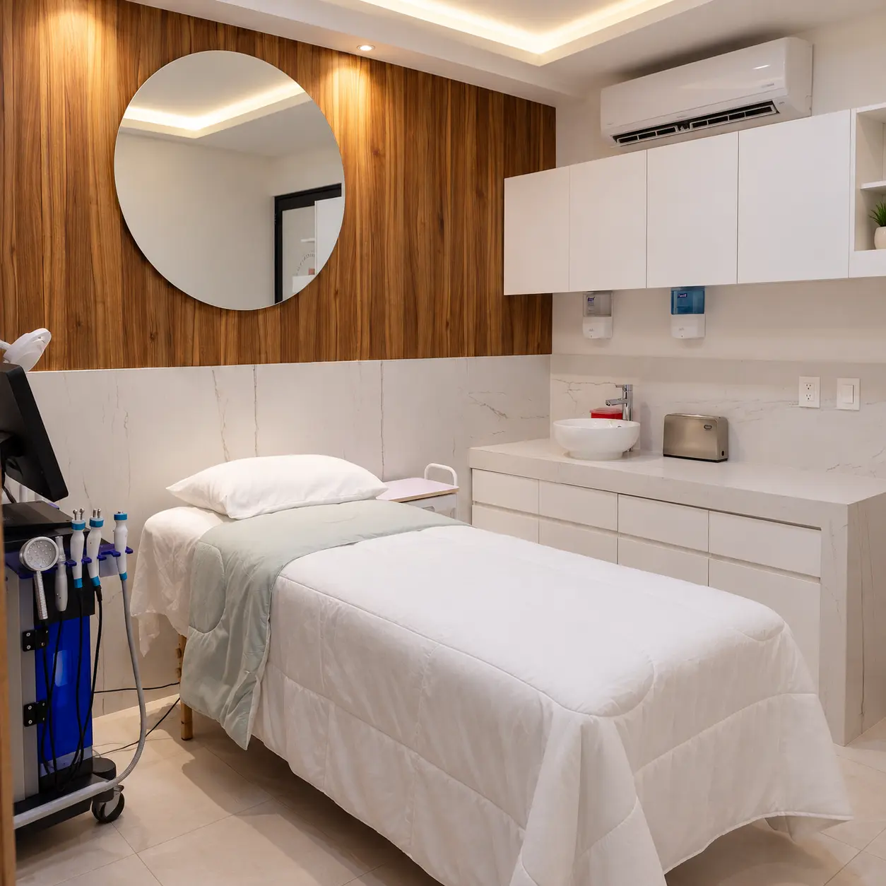Modern, minimalist treatment room with a white treatment bed and wood panelling